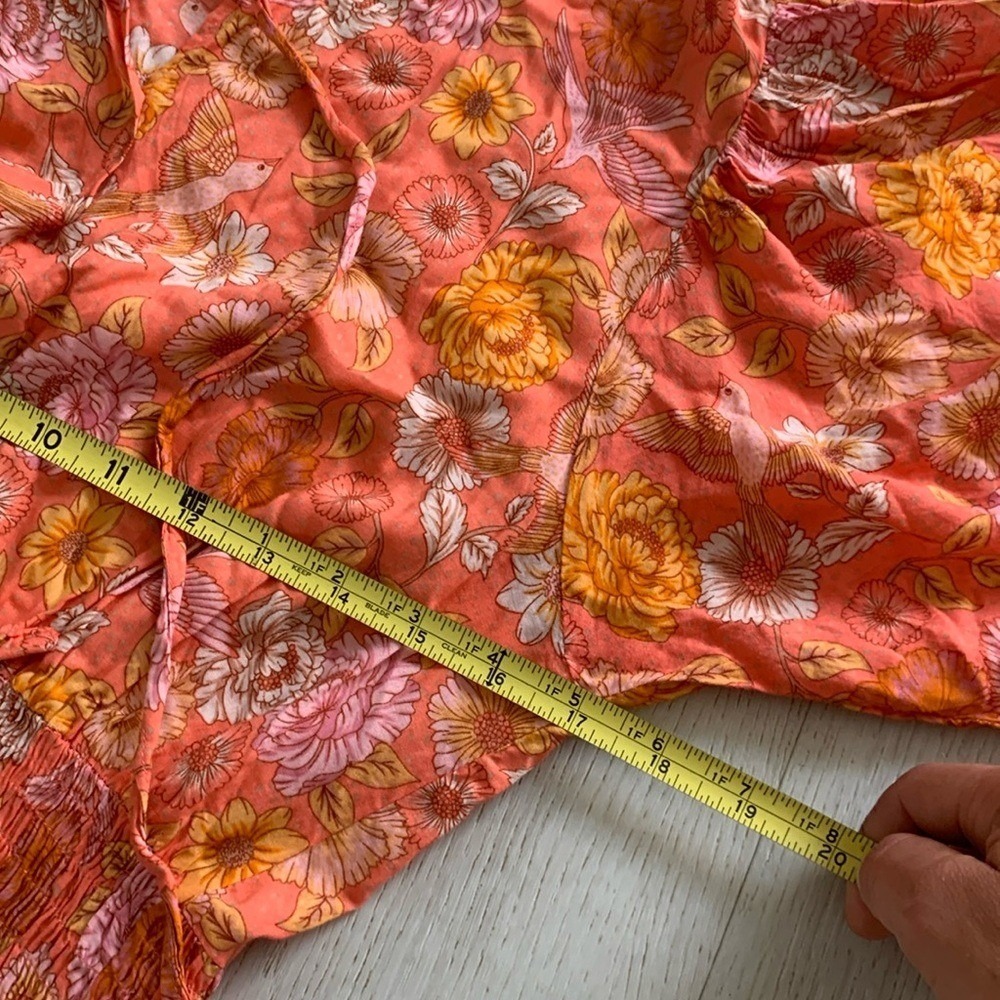 ELF Wrap Dress made by hand Size L birds Floral print ruffle smocked waist tie - Picture 4 of 16